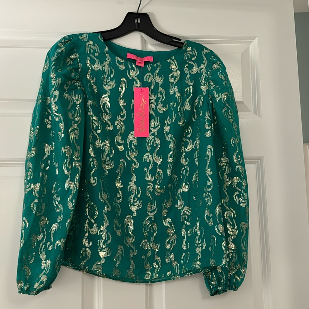 NWT Lilly Pulitzer Miriam silk top - long sleeve - emerald with gold wave